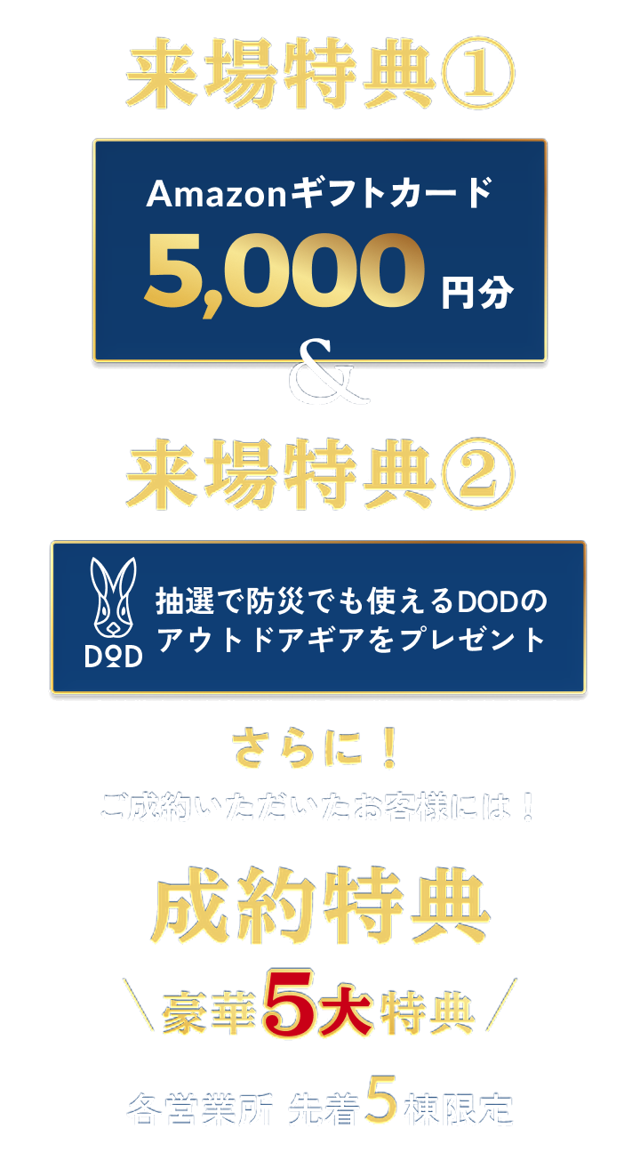 来場特典① Amazonギフトカード5,000円分 ＆ 来場特典② 抽選で防災でも使えるDODのアウトドアギアをプレゼント さらに！ご成約いただいたお客様には！成約特典 豪華5大特典 各営業所 先着5棟限定
