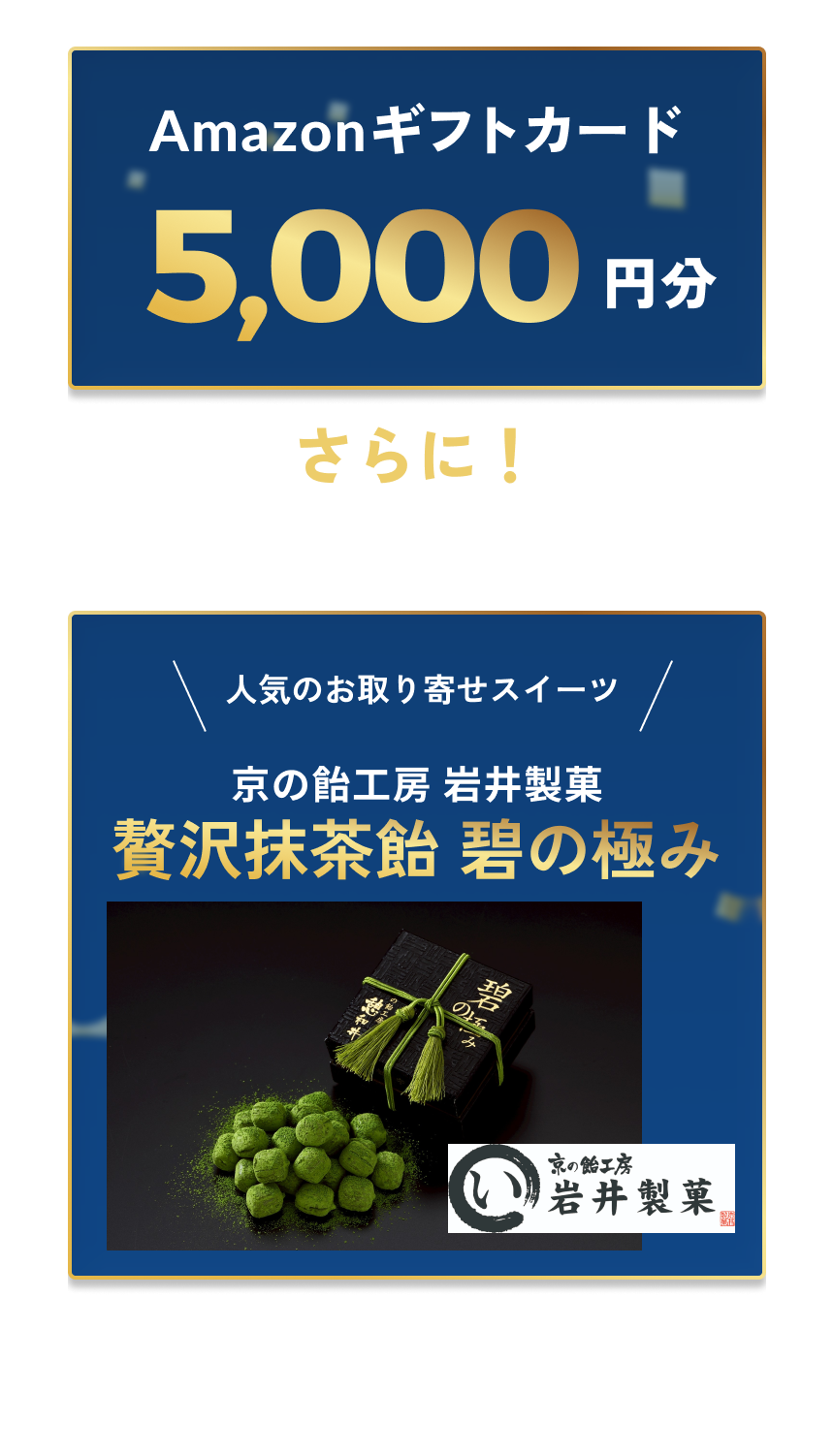 Amazonギフトカード5,000円分 さらに！初回来場の際、次回の来場予約をいただき、再来場頂いたお客様には！人気のお取り寄せスイーツ 京の飴工房 岩井製菓 贅沢抹茶飴 碧の極み ※キャンペーン主催：株式会社ウィザースホーム ※AmazonはAmazon,com, Inc.またはその関連会社の商標です。 ※プレゼントには諸条件があります。