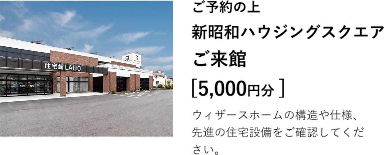 ご予約の上新昭和ハウジングスクエアご来館５０００円分　ウィザースホームの構造や仕様、先進の住宅設備をご確認してください。